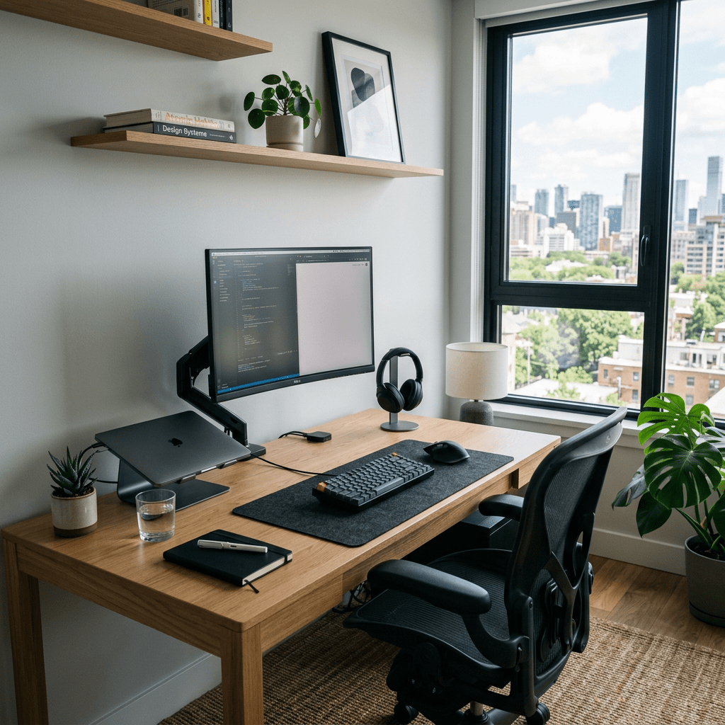 Home office desk with computer monitor, laptop, keyboard, mouse, headphones, plants, and city skyline through window